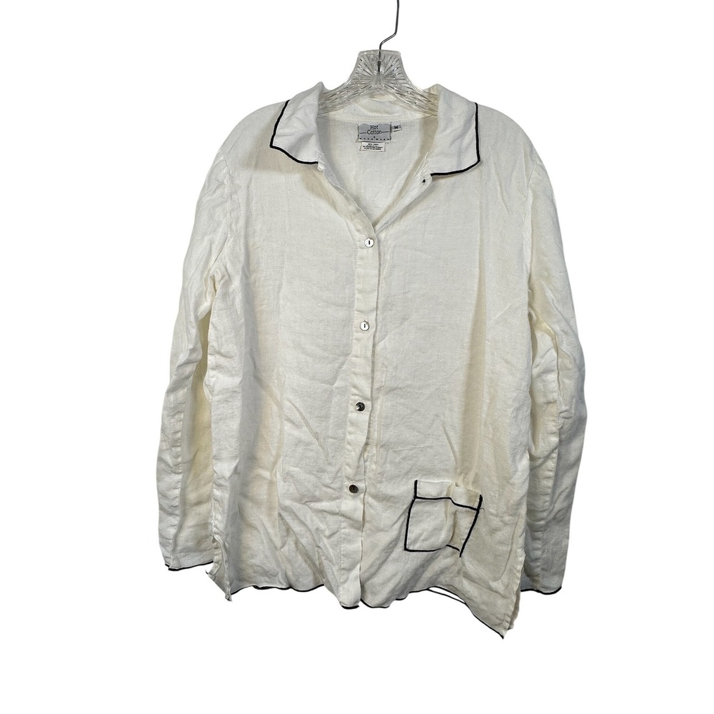 Hot Cotton by Marc Ware White 100% Linen Button Down Shirt Black Piping Size M
